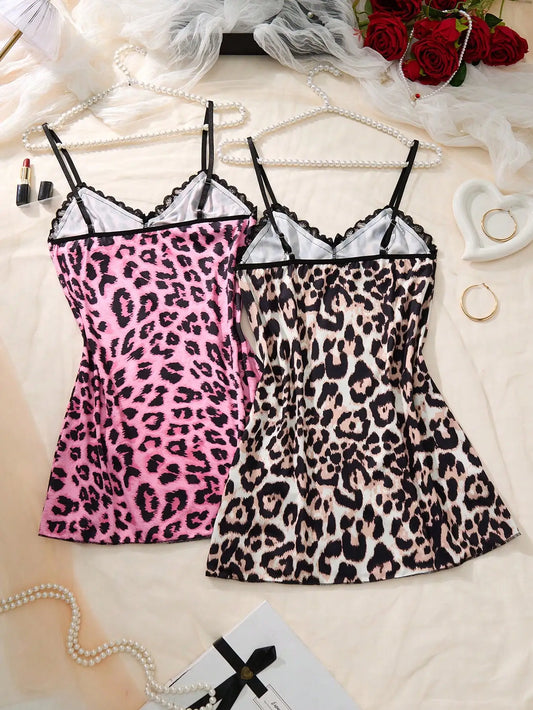 2pcs Women's Leopard Print Lace Trim Camisole Nightgown with Side Slit