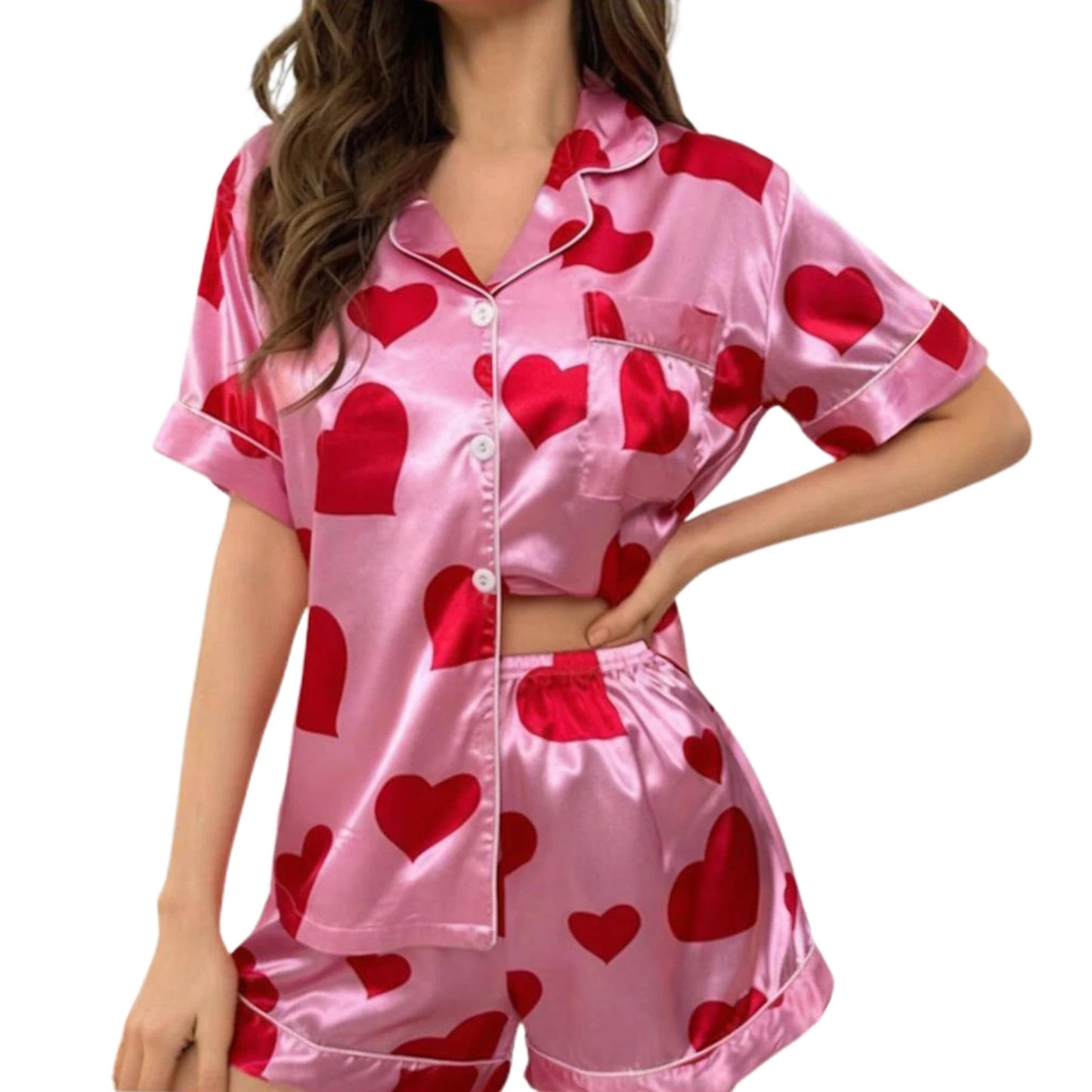 Women s Valentine s Day Pajama Set Short Sleeve Love Heart Print Top and Shorts Loungewear Sleepwear Matching Sets