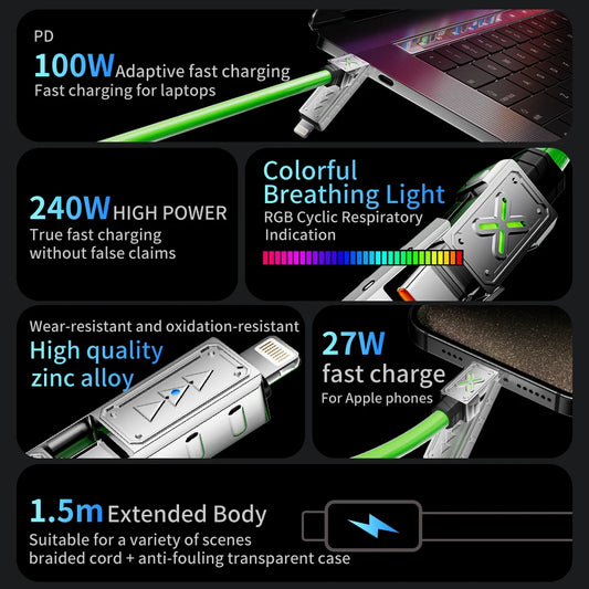 240W 4-in-1 Super Fast Charging Data Cable USB-C To Type-C Zinc Alloy Cable for Iphone Samsung Xiaomi Multi Port Charging Cable