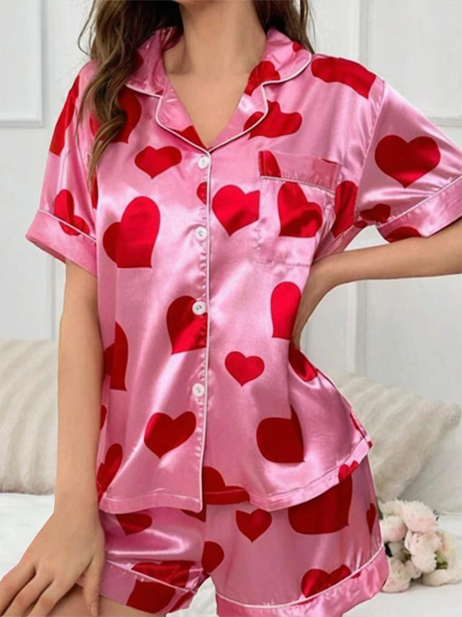 Women s Valentine s Day Pajama Set Short Sleeve Love Heart Print Top and Shorts Loungewear Sleepwear Matching Sets