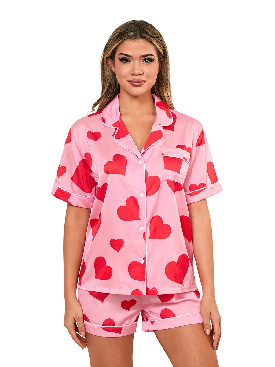 Women s Valentine s Day Pajama Set Short Sleeve Love Heart Print Top and Shorts Loungewear Sleepwear Matching Sets