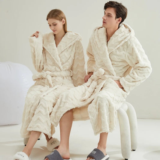 Autumn Winter New Couples Sleepwear Hooded Robe Home Wear Thicken Warm Coral Fleece Kimono Loungewear Loose Bathrobe Pajamas
