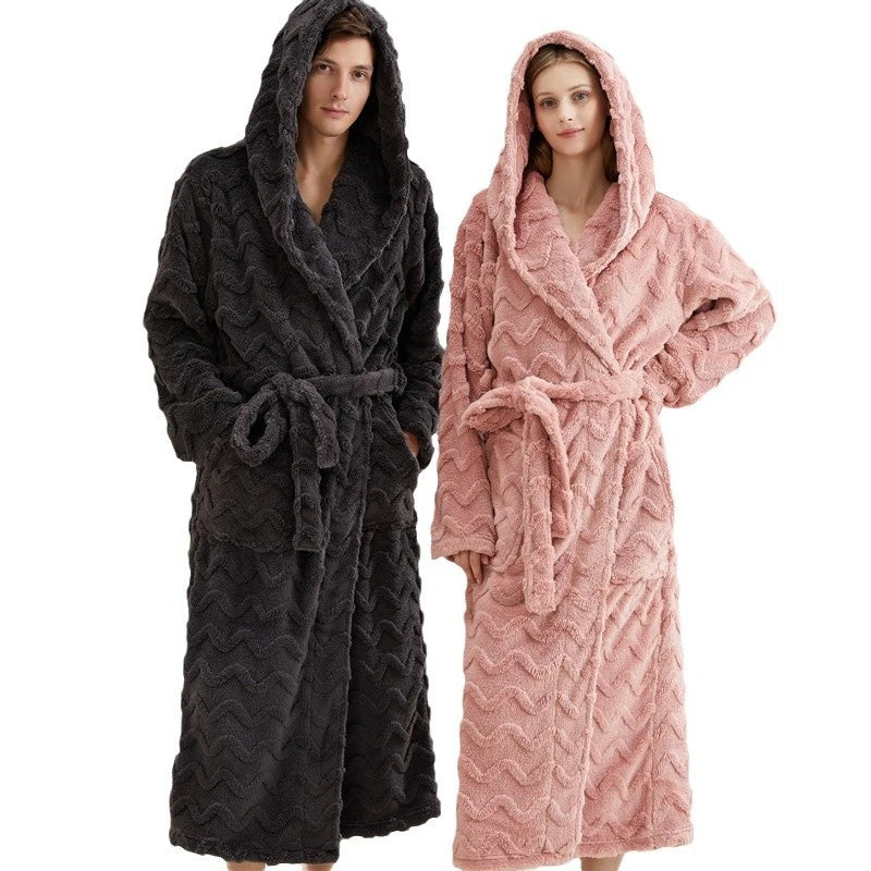 Autumn Winter New Couples Sleepwear Hooded Robe Home Wear Thicken Warm Coral Fleece Kimono Loungewear Loose Bathrobe Pajamas