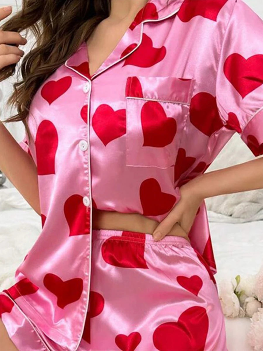 Women s Valentine s Day Pajama Set Short Sleeve Love Heart Print Top and Shorts Loungewear Sleepwear Matching Sets