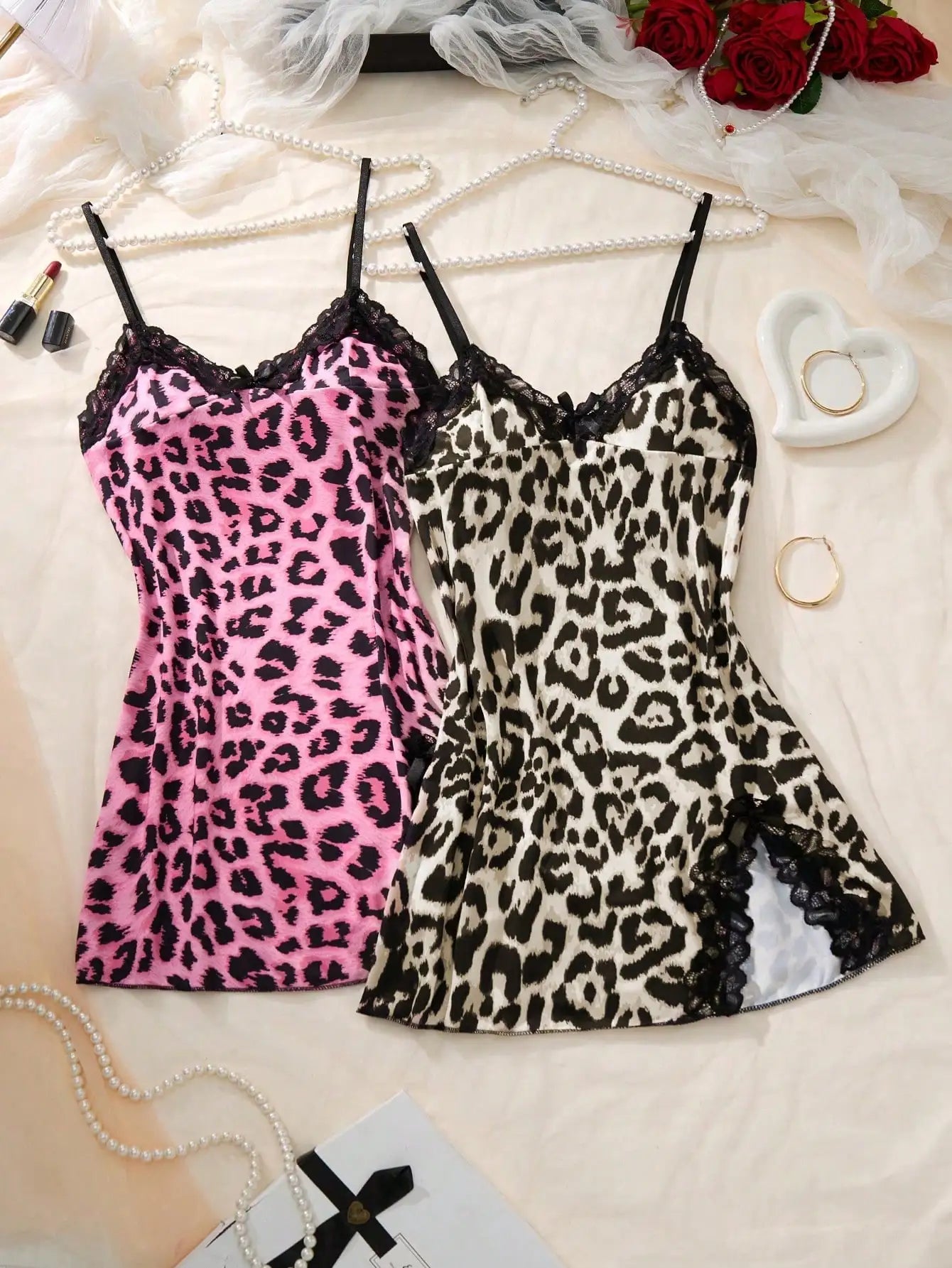 2pcs Women's Leopard Print Lace Trim Camisole Nightgown with Side Slit