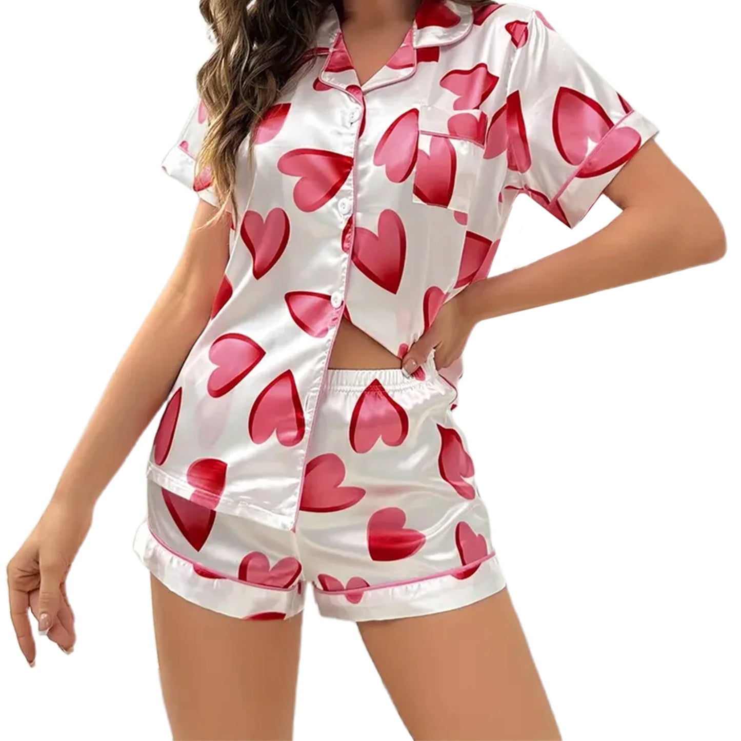 Women s Valentine s Day Pajama Set Short Sleeve Love Heart Print Top and Shorts Loungewear Sleepwear Matching Sets