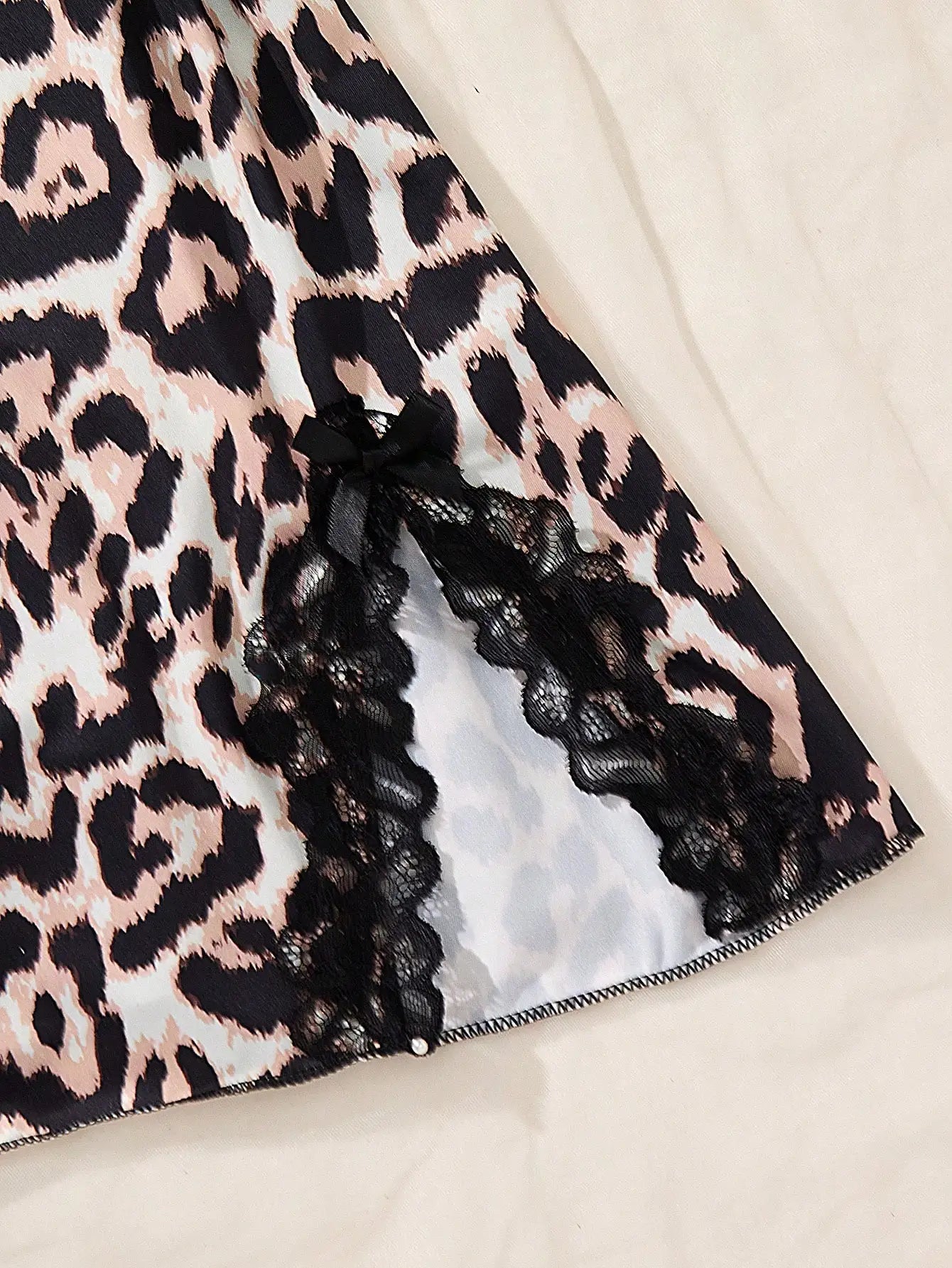 2pcs Women's Leopard Print Lace Trim Camisole Nightgown with Side Slit