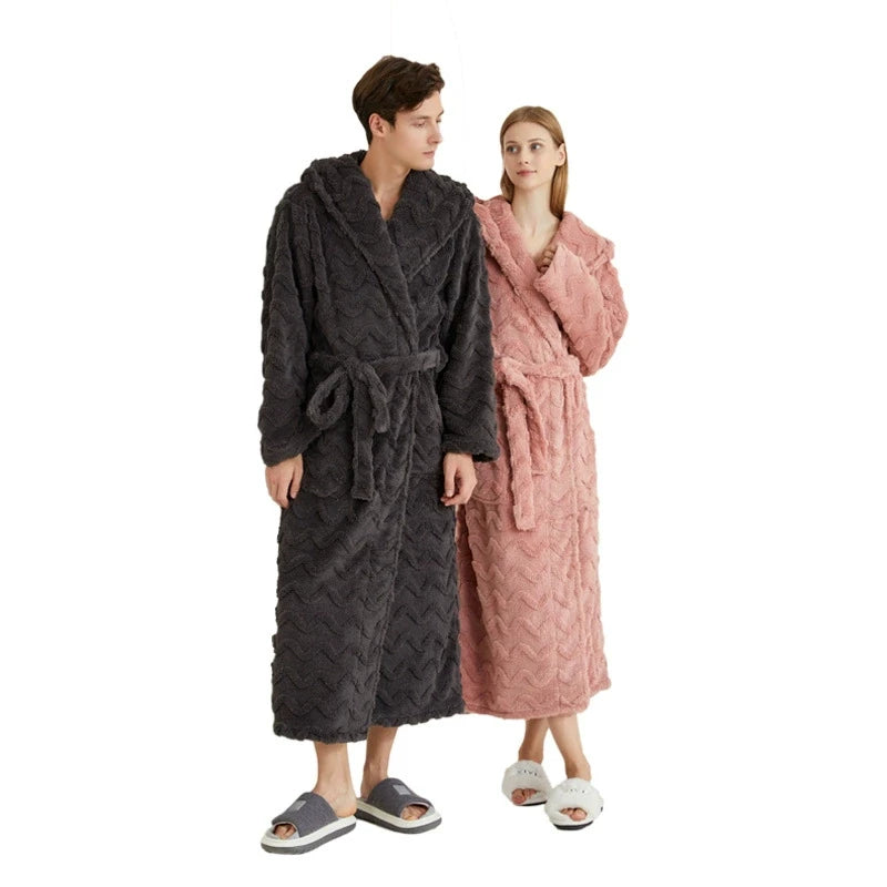 Autumn Winter New Couples Sleepwear Hooded Robe Home Wear Thicken Warm Coral Fleece Kimono Loungewear Loose Bathrobe Pajamas