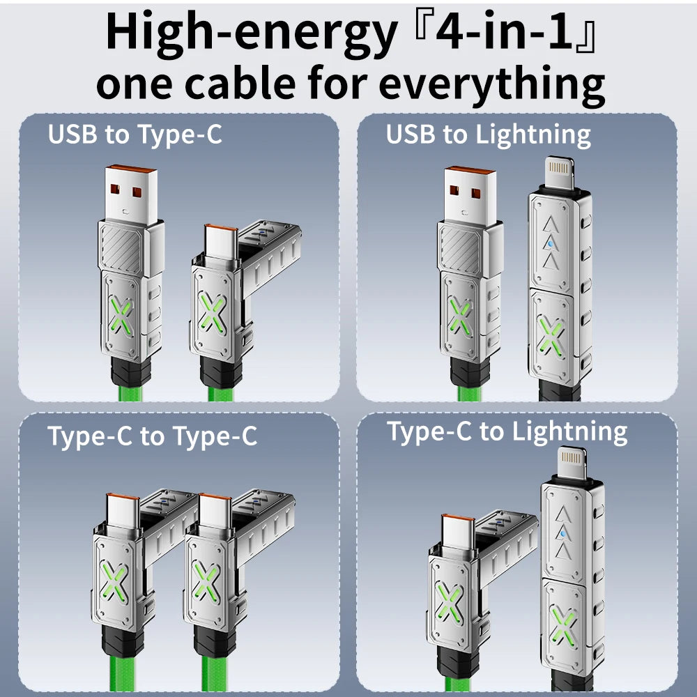 240W 4-in-1 Super Fast Charging Data Cable USB-C To Type-C Zinc Alloy Cable for Iphone Samsung Xiaomi Multi Port Charging Cable
