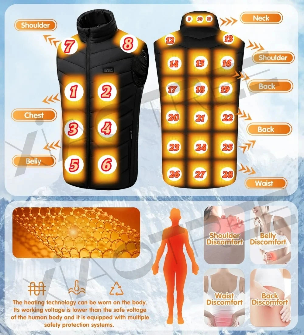 28/9 Areas Heated Vest Men Jacket Heated Winter Womens Electric Usb Heater Camping Jacket Man Thermal Vest Body Warmer Coat 6XL