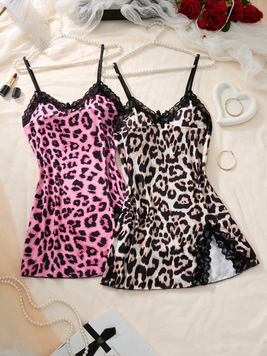 2pcs Women's Leopard Print Lace Trim Camisole Nightgown with Side Slit