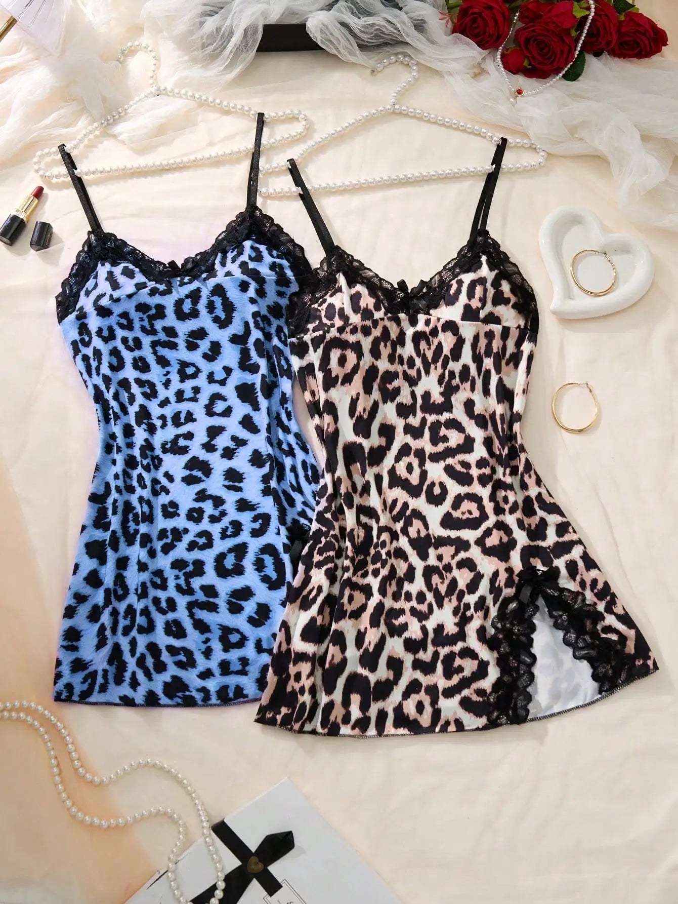 2pcs Women's Leopard Print Lace Trim Camisole Nightgown with Side Slit