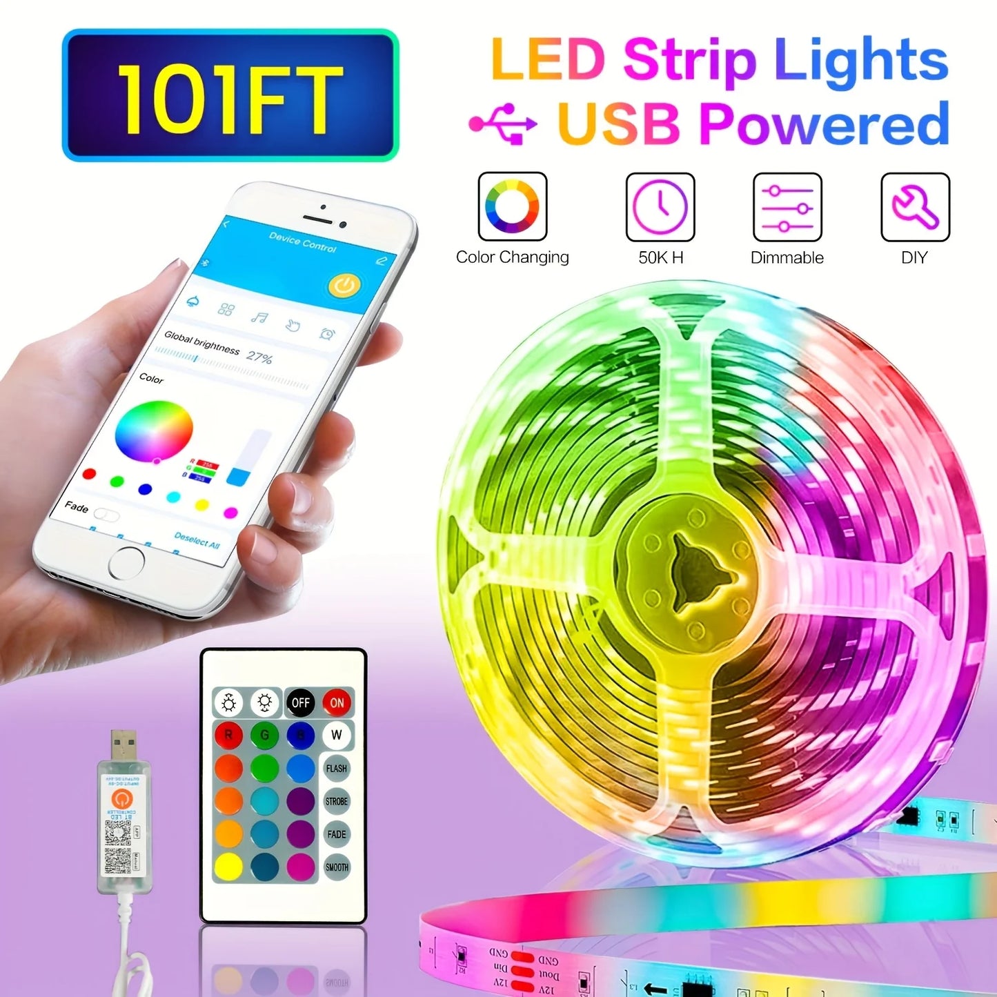 Colorful LED Strip Lights, USB Powered Portable , Change Color (16 Million) Dimmable, Smart RGB-IC Strip Lighting Sync Music