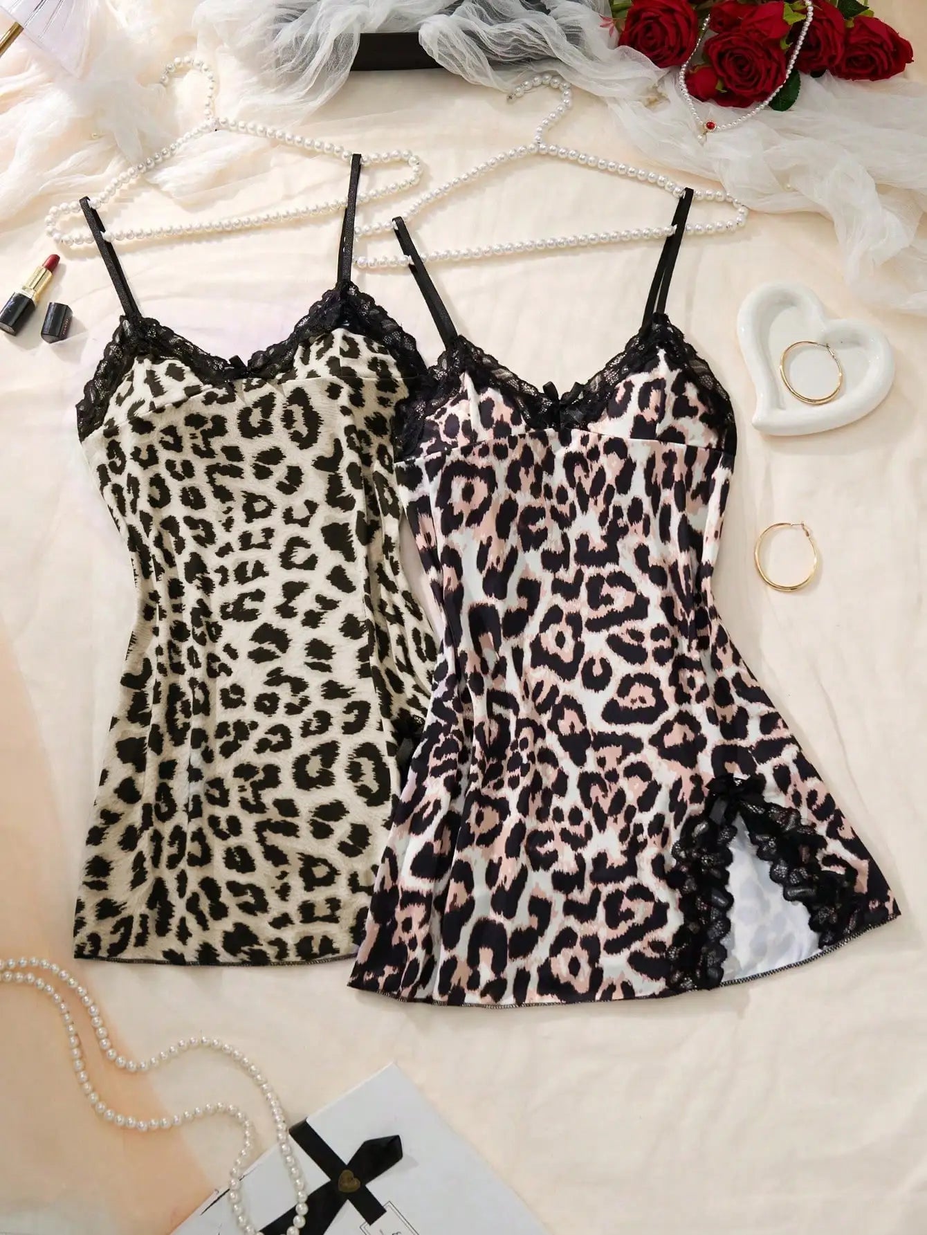 2pcs Women's Leopard Print Lace Trim Camisole Nightgown with Side Slit